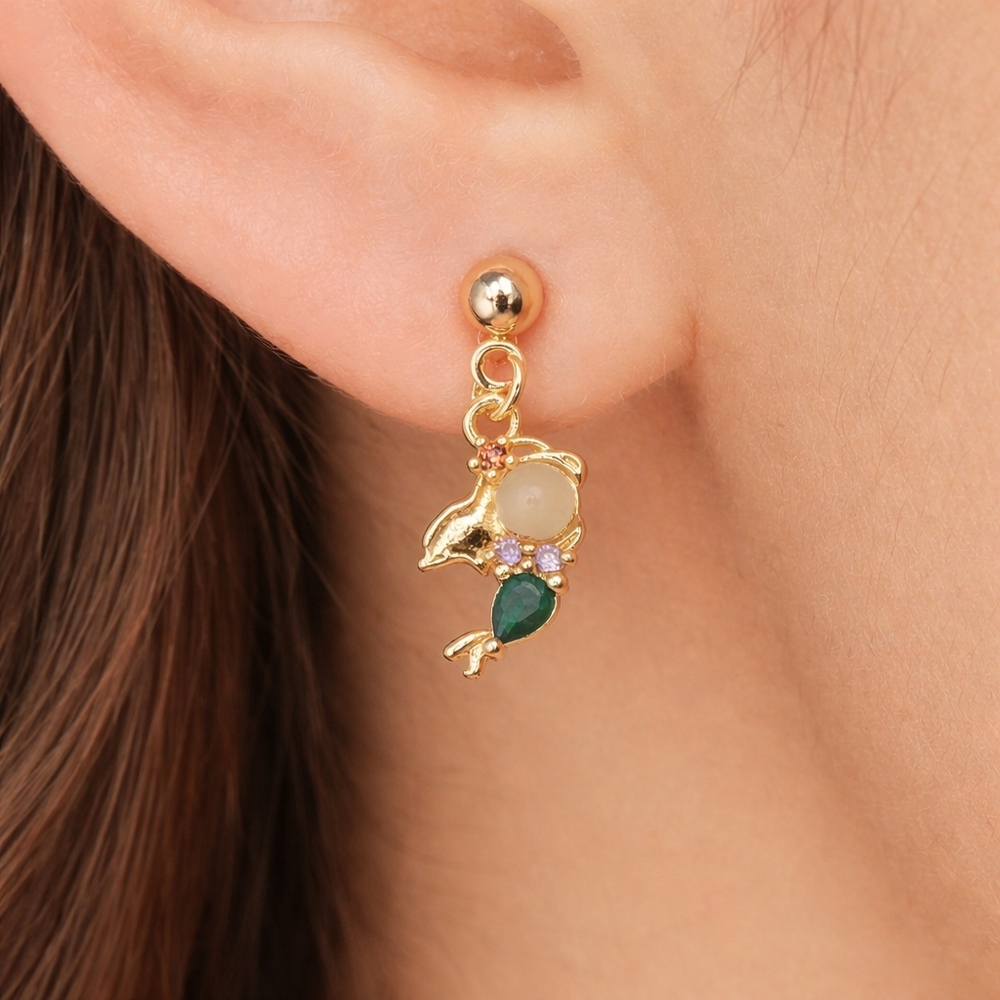 Mermaid Earrings 18K Gold Plated Colorful CZ Dangle Green Drop Dainty Elegant